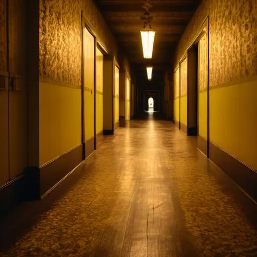 Prompt: A large empty hallway with old yellowed wallpaper on the walls. The lights are dim. The hallway is very long. The floor is old wood with a few nails sticking out of it. At the very end of the hallway is a slightly ajar door that is leaking light. Ray-tracing 8K