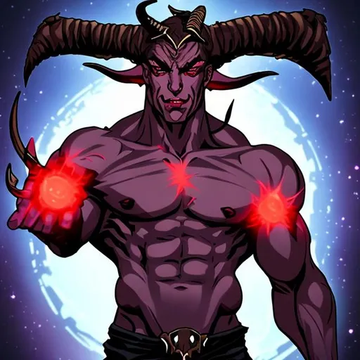 Prompt: male succubus with horns muscular pecs pierced glowing eyes