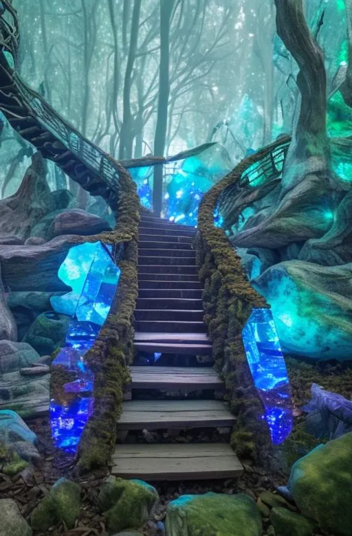 Prompt: Stairs leading to a glowing crystal in a fantasy forest