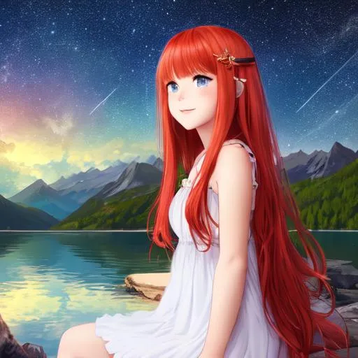 Red Hair Anime Girl sitting on skys - OpenDream