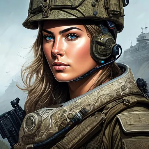 Prompt: hyperrealistic portrait of female tank commander| full shot| detailed face| symmetric| intricate| realistic| cinematic| character design| concept art| highly detailed| illustration| digital art| digital painting