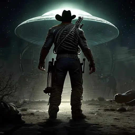 Prompt: a ruthless cowboy fighting with aliens, dark background,  horror, perfect camera shot, ultra-detailed, night, art, realistic, hyper-realistic, highly detailed, realism, 32k, photography, hdr, 1080p, cinematic, Hyperrealistic, fictional environment, mid shot, intricately detailed, colour depth, dramatic, side light, colourful background, beautifully shot, perfect composition, atmospheric, moody, natural white spotlight shining on subject. Realistic shadows