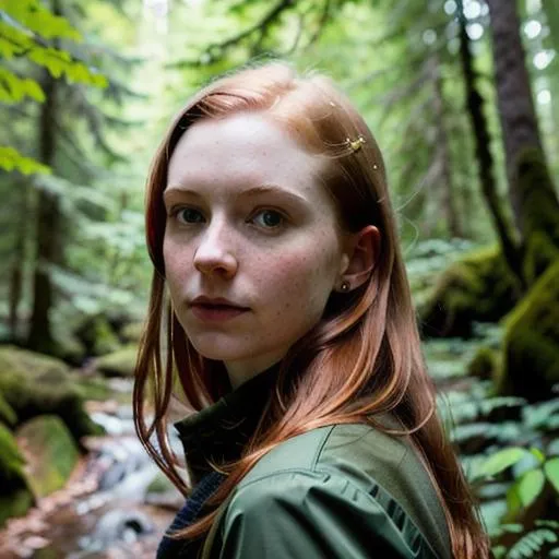 Prompt: Portrait of a pale petite girl with dark ginger hair, forest, perfect composition, hyperrealistic, super detailed, 8k, high quality, trending art, trending on artstation, sharp focus, studio photo, intricate details, highly detailed, by greg rutkowski