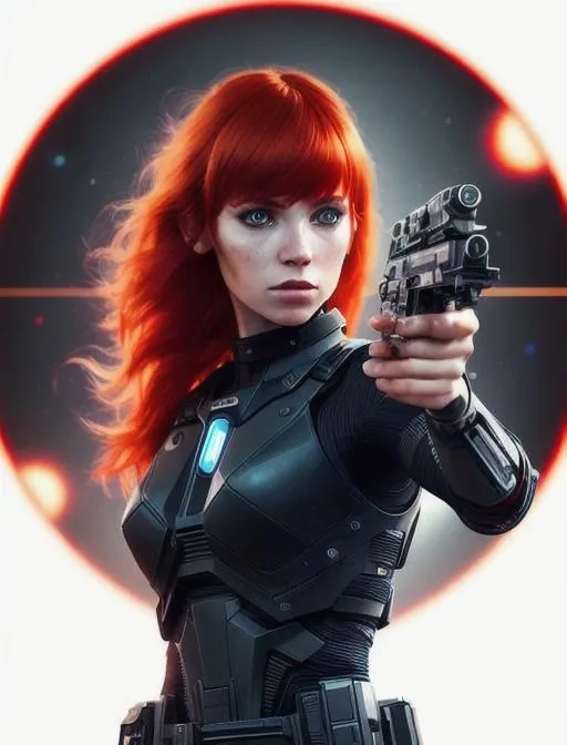 Prompt: realistic, cinematic light, bangs, a beautiful armed woman with blaster, beautiful eyes, red hair, perfect anatomy, very cute, black eyes, Centered, a futuristic space ship in the background, small tattoo 