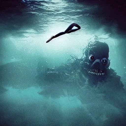 Prompt: terrifying giant amalgamous monster sneaking up from the deep dark sea underwater, thalassophobia, tiny person swimming, surrealism liminal space, sinking deep into the ocean, dark and ominous