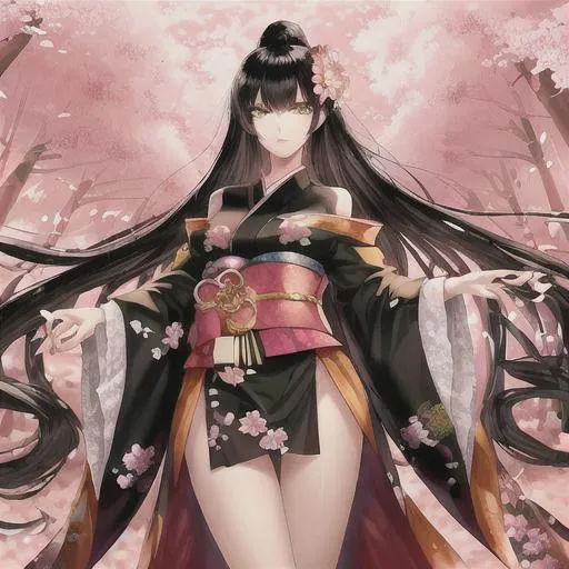 Prompt: a tall girl, peach skin, long black hair above the waist, light green eyes, wearing a flower kimono, in a cherry blossom forest