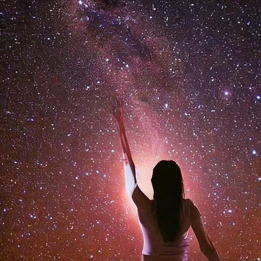 Prompt: Reaching for the stars literally, talking to the universe, on earth, everyone connected, new your city, vibration, people, building, frequencies, 