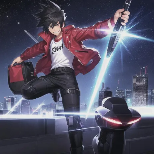 Prompt: sketch, cartoon 15 year old punk-boy, sharp toothy grin, black large spiky hair, bright red leather jacket, baggy white shirt, laser blade, robotic legs, advanced technology, drawing, art, night, city, stars