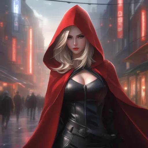 Prompt: Game art, fantasy, Beautiful busty seducer, goth, (crop top:1.5), black leather clothed, blond hair, pale skin, hooded red cloak, full body, 4k, cinematic, video game trailer, dramatic, detailed painting, 8k, octane render, by makoto shinkai, stanley artgerm lau, wlop, rossdraws, concept art, digital painting,