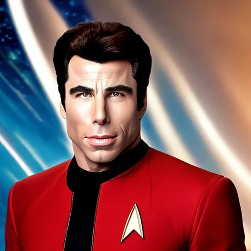 Prompt: A portrait of John Travolta, wearing a Starfleet uniform, in the style of "Star Trek the Next Generation."