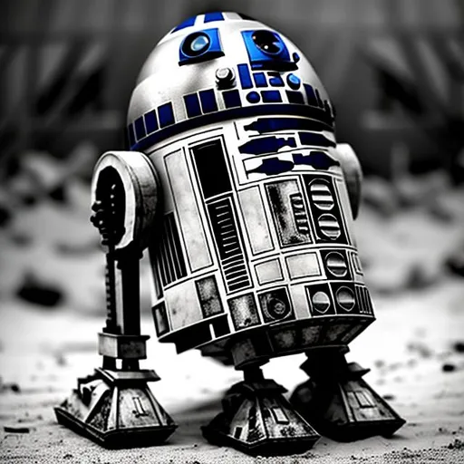 Prompt: grayscale picture of R2D2, weathered from battle 