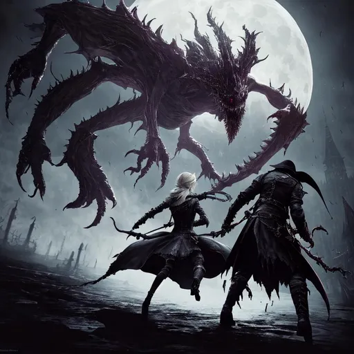 Prompt: UHD, 8k, detailed, gothic, Bloodborne's Lady Maria fighting an Eldrich monster under a pale moon.