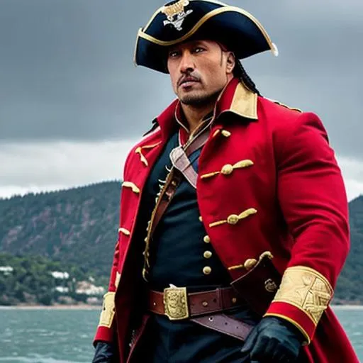 Prompt: dwayne johnson as a pirate captain red long coat