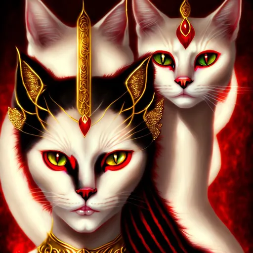 Prompt: hauntingly beautiful portrait of a beautiful goddess , woman cat goddess , wearing gold magical garb, red eyes, crisp portrait,pale ivory skin, slender body, graceful elegance,mesmerizing gaze,Gothic architecture, a faint crimson glow, head in focus