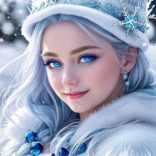 Prompt: Snow queen, ice elemental, deep blue pelt covered in frost, bashful hypnotic sapphire blue eyes, calm bashful smile, gorgeous 