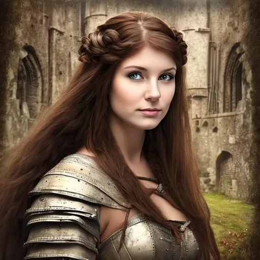 Prompt: Happy medieval maiden portrait dark brown hair color