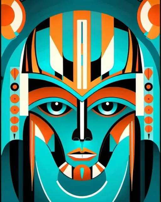 Prompt: Art Deco-style robot face,alien,
Minimal style,northwest coast style, native american,steampunk, mechanical, psychedelic,turquoise,pattern