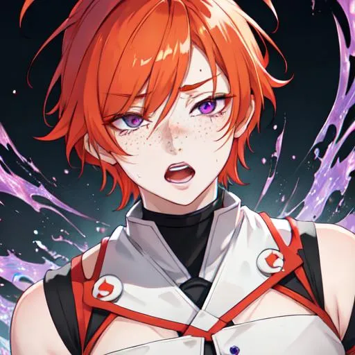 Prompt: Erikku male adult (short ginger hair, freckles, right eye blue left eye purple) UHD, 8K, Highly detailed, insane detail, best quality, high quality,  anime style, in purgatory, yelling out for help, crying