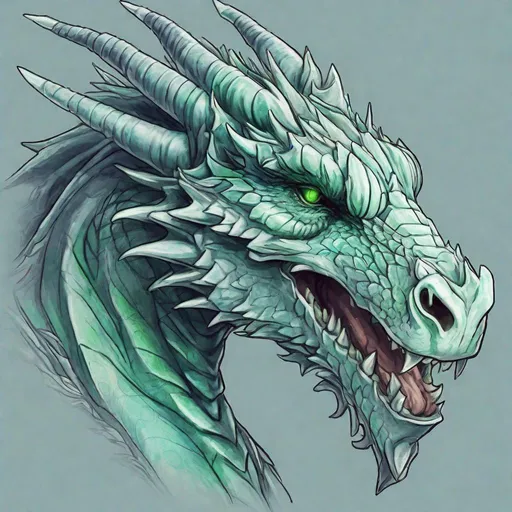 Prompt: Concept design of a dragon. Dragon head portrait. Coloring in the dragon is predominantly pale blue with subtle green streaks and details present.