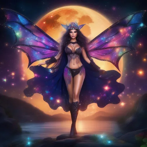 Prompt: A complete body form of a stunningly beautiful, hyper realistic, buxom woman with incredible bright, wearing a colorful, sparkling, dangling, glowing, skimpy, bo-ho, goth,  flowing, sheer, fairy, witch's outfit on a breathtaking night with stars and colors with glowing, detailed  mythical sprite flying about