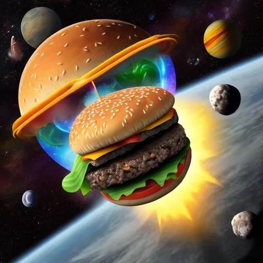 Prompt: Triple cheeseburger floating above the earth in space. UFO'S floating around in the background. Stars, planets, comets and asteroids.