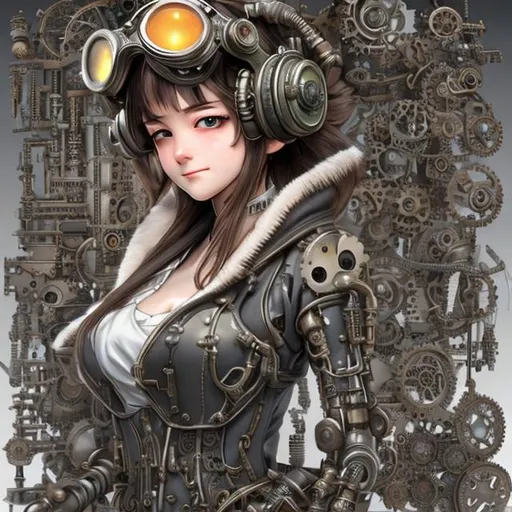 Prompt: Craft a detailed 3D anime portrait of Cora in her workshop, surrounded by mechanical creations. Highlight the intricate details of her goggles and the mechanical components, while her focused expression showcases her dedication.