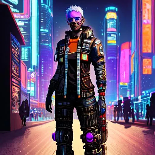 Prompt: a full-body portrait of a cyberpunk traveler of the universe