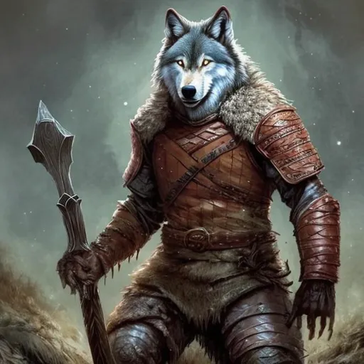 Prompt: Wolf man, from the game Forbidden Lands, wearing leather armour, wielding one-handed axe from the medieval ages