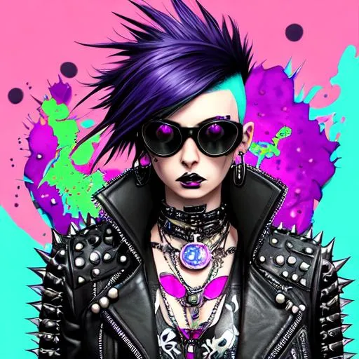 Prompt: Portrait, punk-rock anthropomorphic raven wearing a leather jacket and glasses, cool colorful cyberpunk flowerpunk, in the style of Gediminas Pranckevicius, moebius, atompunk, Ink Dropped in water, splatter drippings, mohawk, nose-ring, lots of chains, spikes on jacket, grunge t-shirt, tattoos, zippers, pulp Manga, cinematic lighting