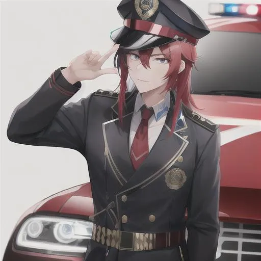Prompt: Zerif 1male as a male police officer (Red side-swept hair covering his right eye)UHD, 8K, Highly detailed, insane detail, best quality, high quality, wearing a blue male police uniform, anime style, tilting his hat, standing in front of a cop car