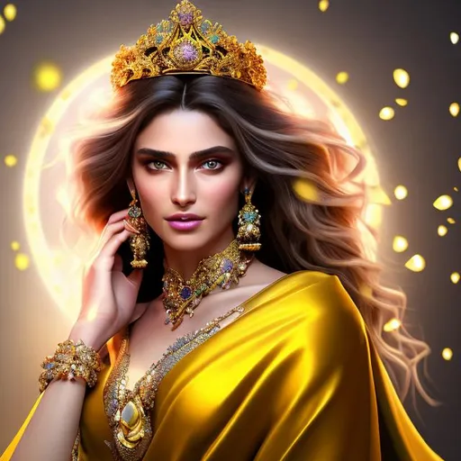 Prompt: HD 4k 3D 8k professional modeling photo hyper realistic beautiful leader woman ethereal greek goddess of law and order
yellow hair brown eyes gorgeous face olive skin shimmering purple robes with gems jewelry and olive branch tiara full body surrounded by magical glowing divine light hd landscape background temple scales of justice
