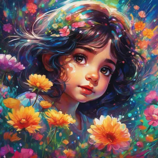 Prompt: Particle spectra hologlitch, A close up portrait of a A cheerful little girl picking flowers in a field on a warm sunny day, big eyes, dark hair , by Callie Fink and SIYA OUM, vibrant  colors , liquid ink, aesthetic, centered, 16k resolution , HQ 