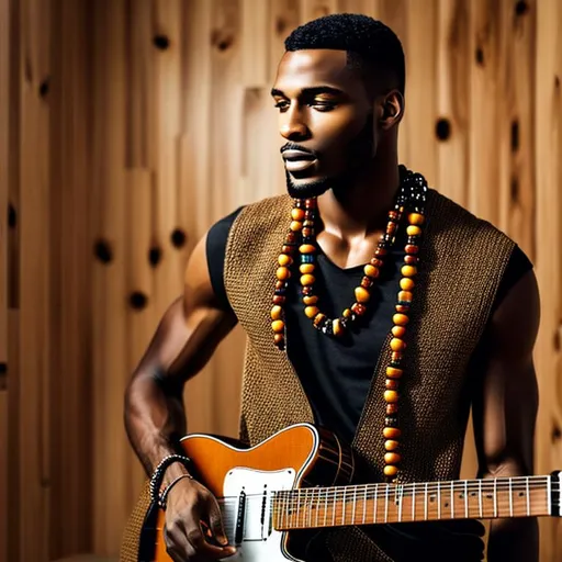 Prompt:  Beautiful black man no hair, no facial hair ,standing next to a guitar,with big brown wooden beads necklace around his neck ,,realistic, super detailed, confident, 