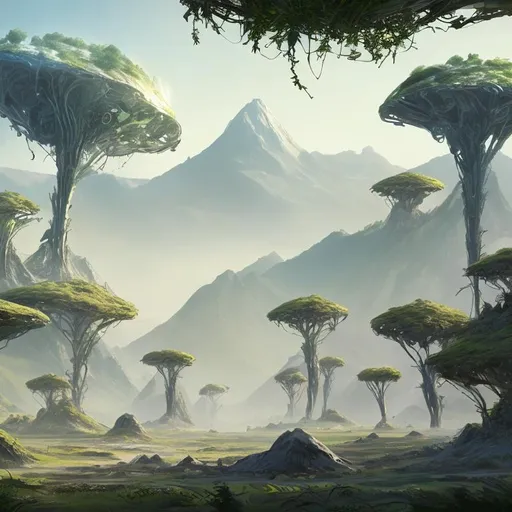 Prompt: Create concept art of alien growing plant , mountain are in distance from robot, there are also big trees.