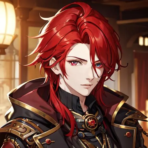 Prompt: Zerif 1male (Red side-swept hair covering his right eye) steampunk, UHD, 8K, highly detailed