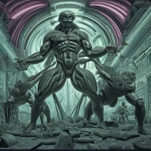 Prompt: Bodybuilding Anti-Laocoon by Ernst Fuchs, playing guitar for tips in a busy alien mall, widescreen, infinity vanishing point, galaxy background