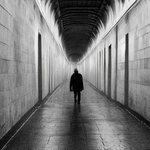 Prompt: walking forward Anitkabir, ankara,turkey. alone one man in midnight. no light in the there just some fades. and raining.