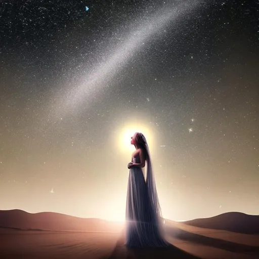 Prompt: a woman stand in the middle of nowhere looking up towards the light surrounded by sun and comets with a trail of magic fairy dust and beside her on the ground there is a newborn baby