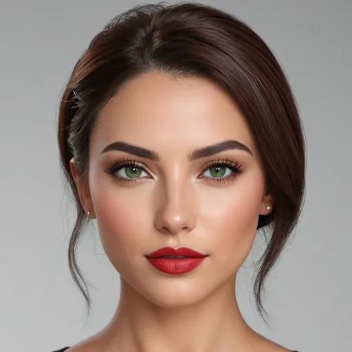 Prompt: Hyper-detailed, hyper-realistic, photorealistic composite face, heart-shaped head, almond-shaped green eyes, slim nose, arched eyebrows, mid-back dark auburn hair with volume well elegantly Coiffed, youthful, tanned complexion, Full lips with red lipstick, minimal eye shadow, Side view (Profile)
 symmetrical, best quality, highres, ultra-detailed, photorealistic, detailed eyes, professional, realistic lighting