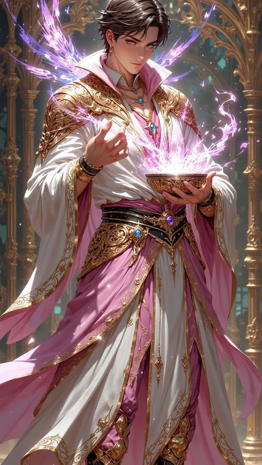 Prompt: ((tall man)) as a ((magical healer)) with ((short brown hair)), pink eyes, dressed in ornate white and pink layered textured healer armor, left hand holding ((magic censer)). 

sunny skies, high contrast lighting, ((wide length camera)), long distance , long shot, left side angle, wide depth of field. film grain, film textures. 

Overall feeling of healing. The background is a high detailed magic shop of potions and healing. ((he is a man)) ((NO WOMEN))