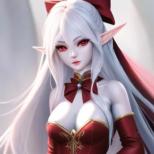 Prompt: size plan of a realistic beautiful drow elf with pale skin, red eyes and white hair, holding bow, extra detailed, good chest, 8K, fully dressed
A hunter from D&D universe.
 