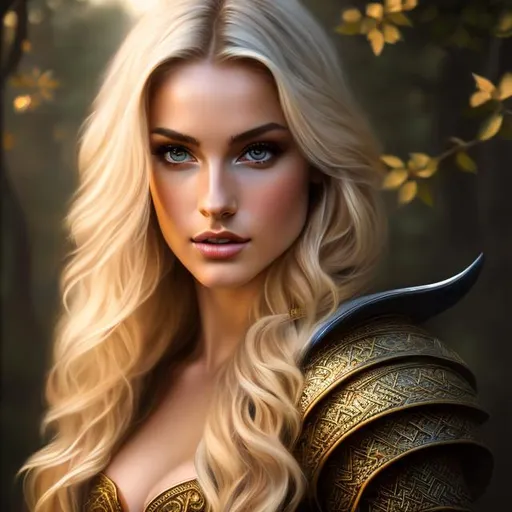 Prompt: Oil painting, Chiaroscuro, landscape, UHD, 8K, highly detailed, panned out view of the character, (((((full body))))), a hyperdetailed Vikings tall girl, hyperdetailed large blonde hair, masterpiece, hyperdetailed full body, hyperdetailed feminine attractive face and nose, complete body view, ((hyperdetailed eyes)), perfect body, perfect anatomy, beautifully detailed face, alluring smile, ((scantily clad)), golden scales. She wears a black Nordic chest with gold and silver filigree and silver lace stockings with gold trim. (She is looking through a window of a high tower in an elven kingdom). 