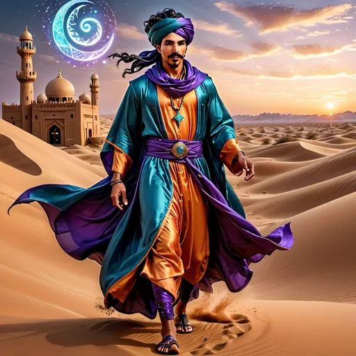 Prompt: full body view, Young Arabian male wizard, very dark skin, curled black hair, manicured sharp goatee and mustache, wearing turban, desert dunes, twilight, windblown colorful Arabian sheik robes covered in arcane symbols, elaborate curved tip silk shoes, dynamic pose, high quality, detailed, photographic realism, vibrant colors, twilight lighting, fantasy, detailed facial features, mystical, desert setting