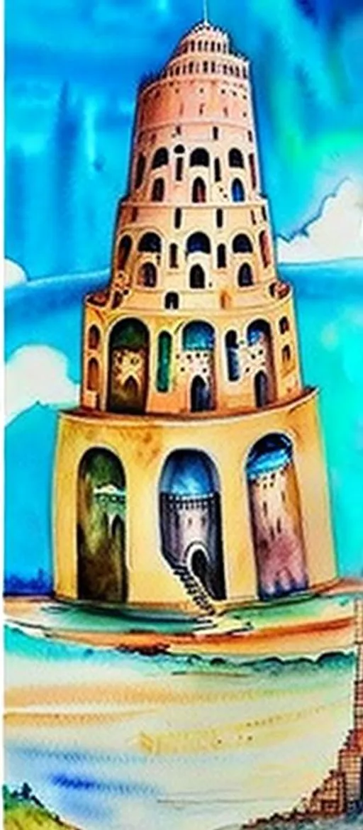 Prompt: a water colour painting of tower of babel
