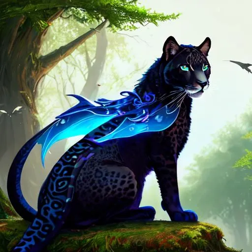 Prompt: wiev from a distance, anthro black jaguar girl, black furry giganttits and full body, blue eyes, light blue dragon wings, silver dragon horns, dressed blue mage robe, laying on trunk in the forrest with firefly, dream, fantasy, magic
