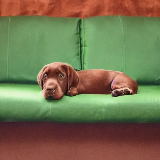 Prompt: cartoon chocolate lab puppy laying on a dark green couch chewing on a tennis ball