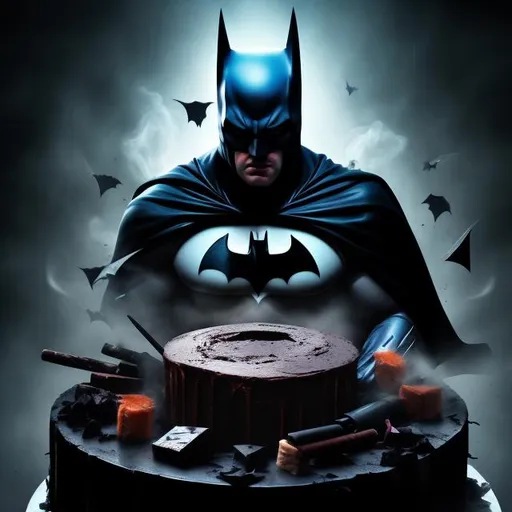 Prompt: batman, cake, sharpness, smoke, mystery, gothic, epic, hyperrealism, 3D detailed, incrustation, contrast forms and lines, contrast space and light.