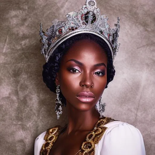 Prompt: black woman queen of England sitting in throne, melanated, strong, detailed, realistic, beautiful