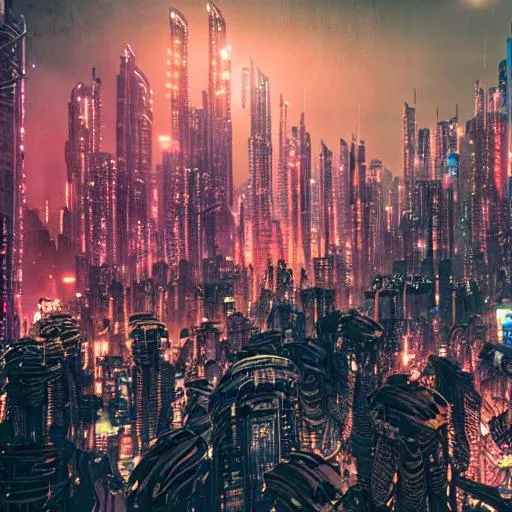 Prompt: dense and detailed dystopian cyberpunk city skyline, multicolored, 8k