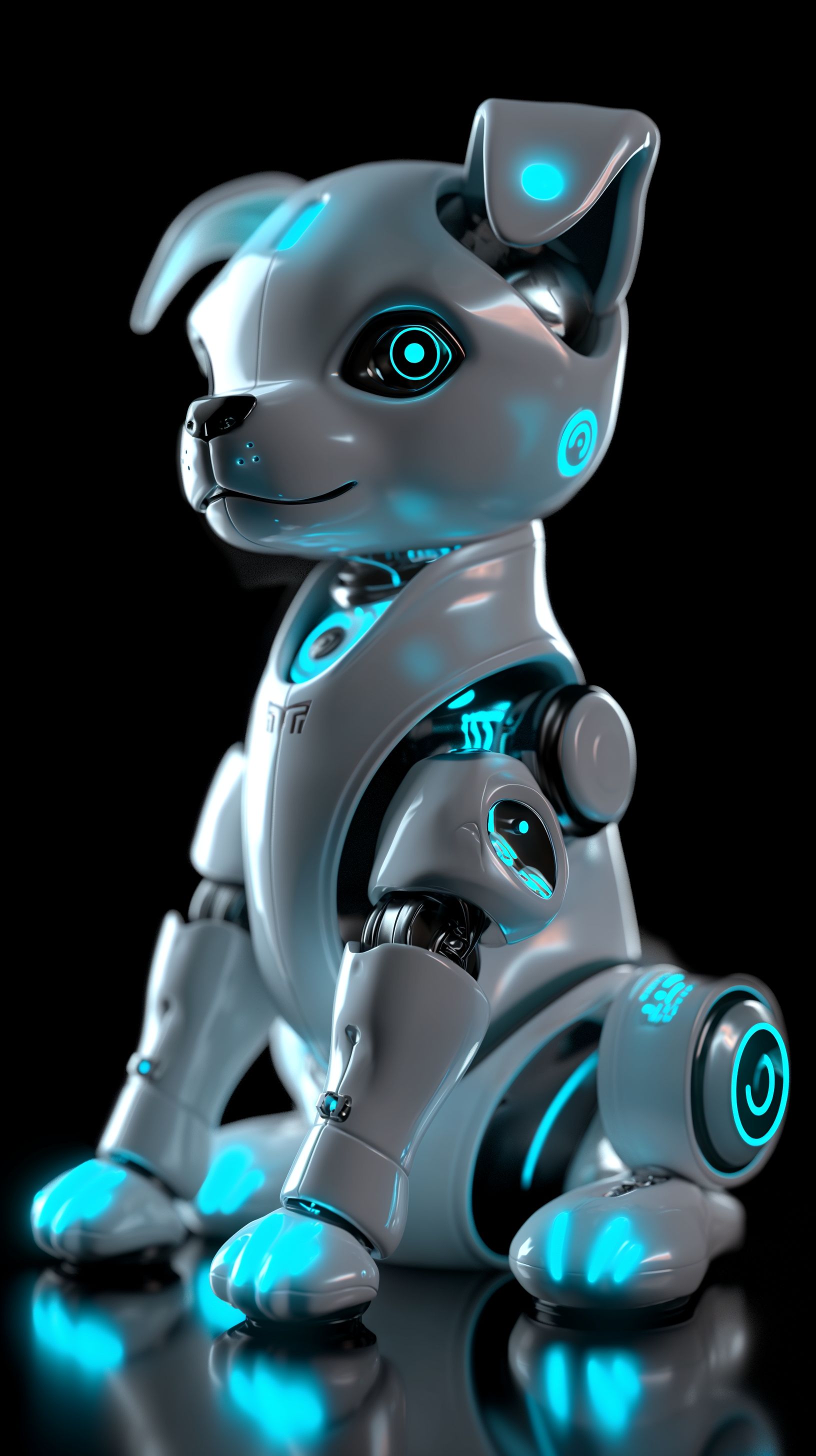 Prompt: a robot dog made by apple clean whites with glowing blue outlines, glowing blue LED eyes, clean soild white plating, friendly looking, sitting, --ar 9:16 --v 6.0